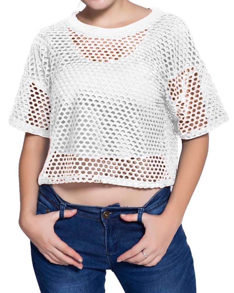 CLOZOZ Women's Mesh Crop Top See Through Fishnet Shirt Short Sleeve Crew Neck Sheer Cover Up - Image 1